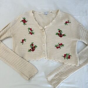 Cropped Cream Ivory Knit Cardigan Cottage Fairy Nature Embroidered Floral S/M